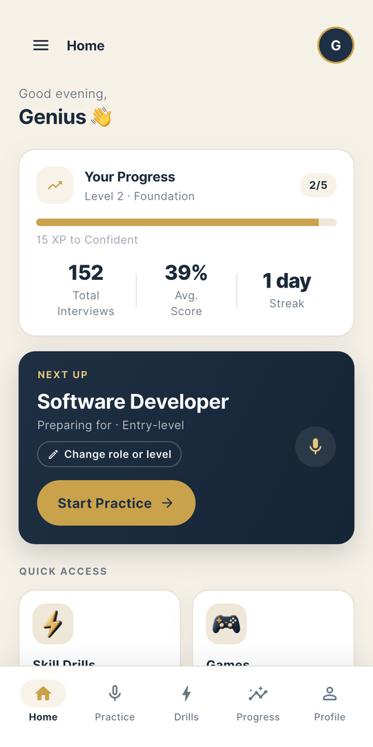 Home screen with your next session